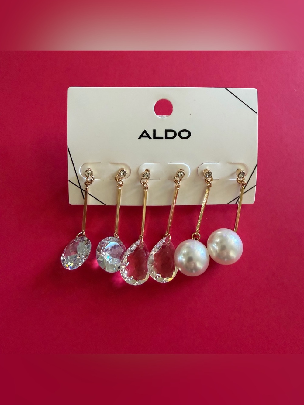 ALDO Women’s Gold Drop Earrings Set with Clear Crystals and Pearls - White